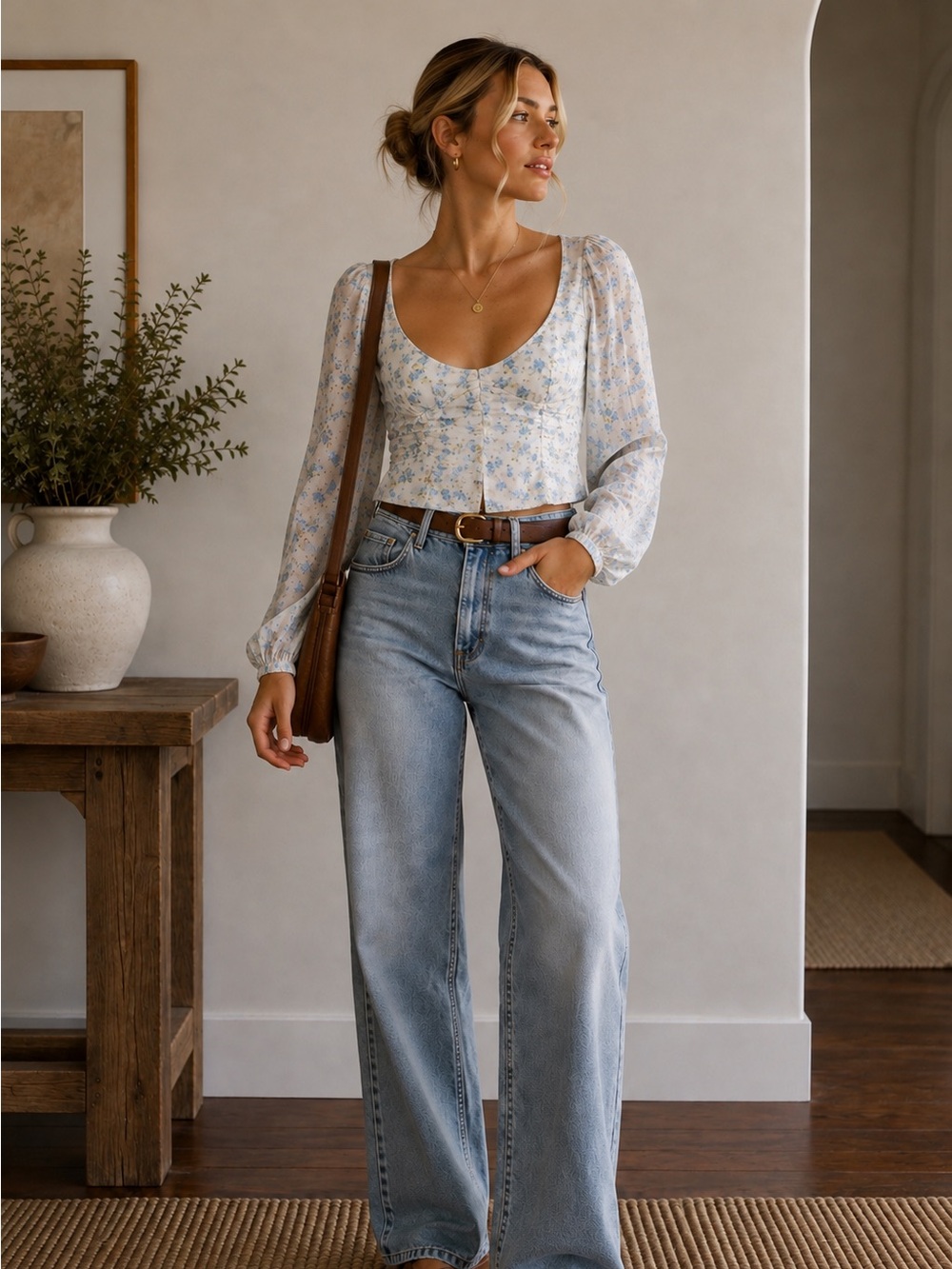 Free People Light Blue Floral Tie-Back Blouse